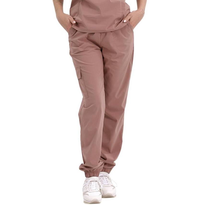 BRL BAGEL | TEK ALT Kargo Cepli Jogger Likralı Unisex Cerrahi Pantolon Koyu Pudra - 3
