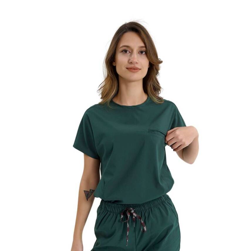 BRL BAGEL | TEK ÜST Bisiklet Yaka Likralı Doktor Ve Hemşire Forması Unisex Cerrahi Forma Avcı Yeşili - 1