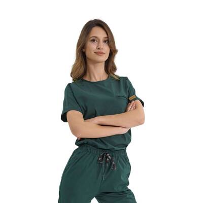 BRL BAGEL | TEK ÜST Bisiklet Yaka Likralı Doktor Ve Hemşire Forması Unisex Cerrahi Forma Avcı Yeşili - 2