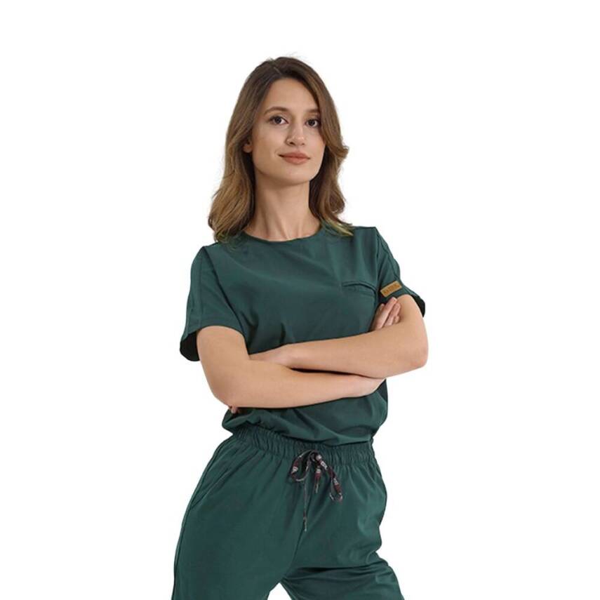 BRL BAGEL | TEK ÜST Bisiklet Yaka Likralı Doktor Ve Hemşire Forması Unisex Cerrahi Forma Avcı Yeşili - 2