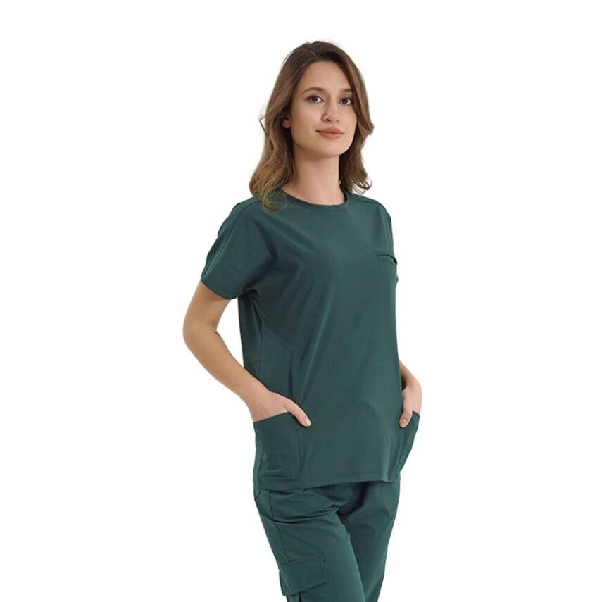 BRL BAGEL | TEK ÜST Bisiklet Yaka Likralı Doktor Ve Hemşire Forması Unisex Cerrahi Forma Avcı Yeşili - 3