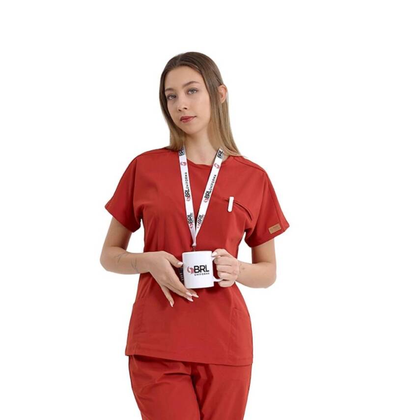 BRL BAGEL | TEK ÜST Bisiklet Yaka Likralı Doktor Ve Hemşire Forması Unisex Cerrahi Forma Kiremit - 2
