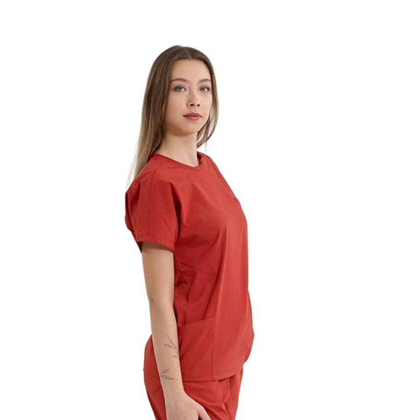 BRL BAGEL | TEK ÜST Bisiklet Yaka Likralı Doktor Ve Hemşire Forması Unisex Cerrahi Forma Kiremit - 3