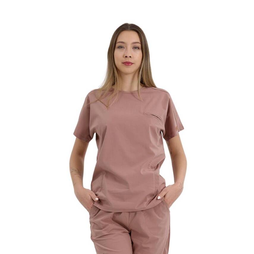 BRL BAGEL | TEK ÜST Bisiklet Yaka Likralı Doktor Ve Hemşire Forması Unisex Cerrahi Forma Koyu Pudra - 1