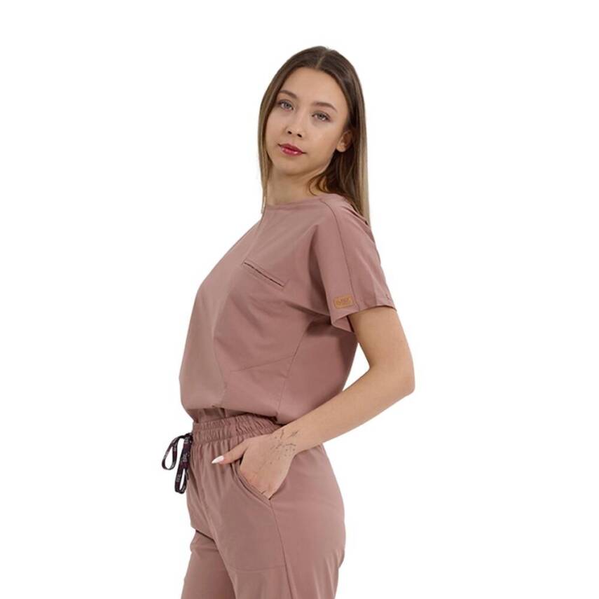 BRL BAGEL | TEK ÜST Bisiklet Yaka Likralı Doktor Ve Hemşire Forması Unisex Cerrahi Forma Koyu Pudra - 2