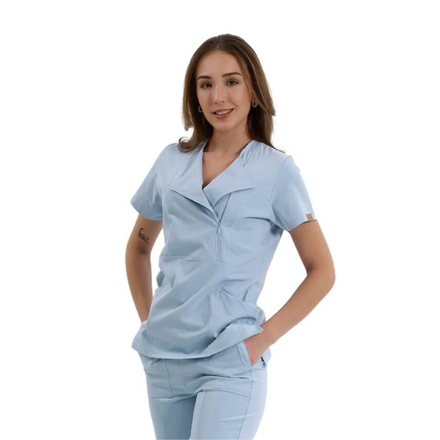 BRL MEDİKAGO | TEK ÜST Özel Yaka Gizli Fermuarlı Doktor ve Hemşire Cerrahi Forması Bebe Mavi - 3