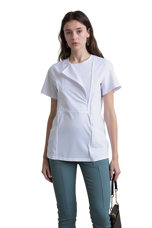 BRL MEDİKAGO | TEK ÜST Özel Yaka Gizli Fermuarlı Doktor ve Hemşire Cerrahi Forması Beyaz - 1