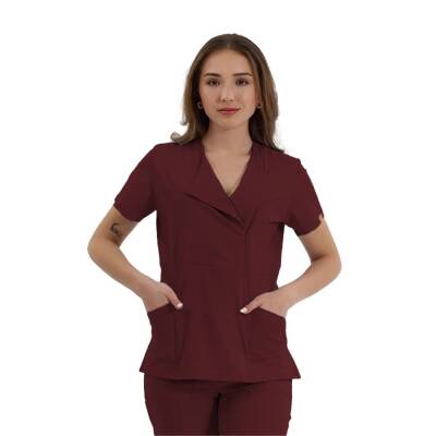 BRL MEDİKAGO | TEK ÜST Özel Yaka Gizli Fermuarlı Doktor ve Hemşire Cerrahi Forması Bordo 