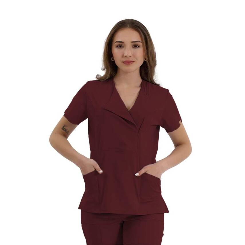 BRL MEDİKAGO | TEK ÜST Özel Yaka Gizli Fermuarlı Doktor ve Hemşire Cerrahi Forması Bordo - 1