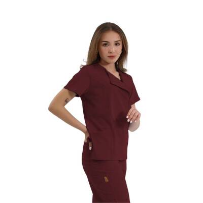 BRL MEDİKAGO | TEK ÜST Özel Yaka Gizli Fermuarlı Doktor ve Hemşire Cerrahi Forması Bordo - 2