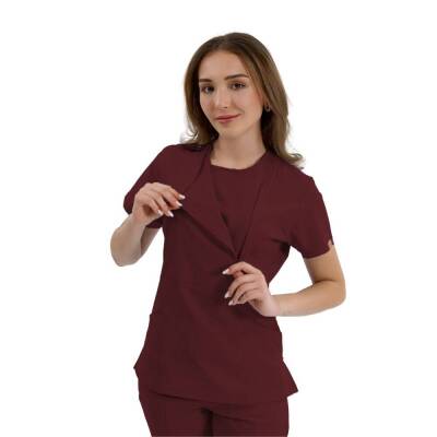 BRL MEDİKAGO | TEK ÜST Özel Yaka Gizli Fermuarlı Doktor ve Hemşire Cerrahi Forması Bordo - 3