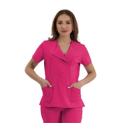 BRL MEDİKAGO | TEK ÜST Özel Yaka Gizli Fermuarlı Doktor ve Hemşire Cerrahi Forması Nar Çiçeği - 1
