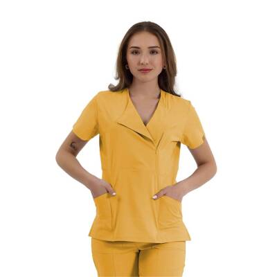 BRL MEDİKAGO | TEK ÜST Özel Yaka Gizli Fermuarlı Doktor ve Hemşire Cerrahi Forması Sarı 