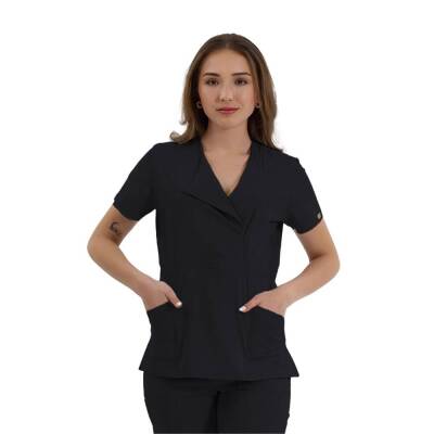 BRL MEDİKAGO | TEK ÜST Özel Yaka Gizli Fermuarlı Doktor ve Hemşire Cerrahi Forması Siyah 
