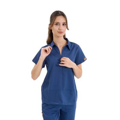 BRL MEDİNİLLA | Tek Üst Yandan Cepli Gizli Fermuar Polo Yaka DoktorHemşire Cerrahi Forma Açık Lacivert - 2