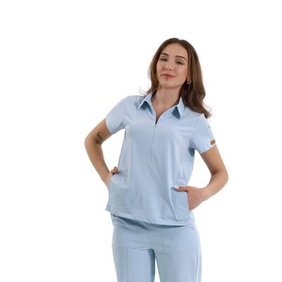 BRL MEDİNİLLA | Tek Üst Yandan Cepli Gizli Fermuar Polo Yaka DoktorHemşire Cerrahi Forma Bebe Mavi 