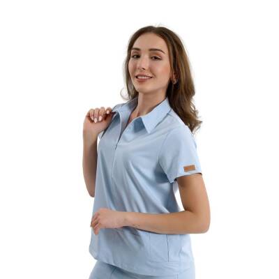 BRL MEDİNİLLA | Tek Üst Yandan Cepli Gizli Fermuar Polo Yaka DoktorHemşire Cerrahi Forma Bebe Mavi - 2