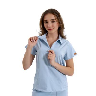 BRL MEDİNİLLA | Tek Üst Yandan Cepli Gizli Fermuar Polo Yaka DoktorHemşire Cerrahi Forma Bebe Mavi - 4