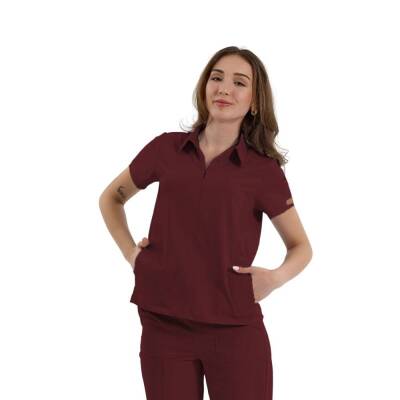 BRL MEDİNİLLA | Tek Üst Yandan Cepli Gizli Fermuar Polo Yaka DoktorHemşire Cerrahi Forma Bordo - 3