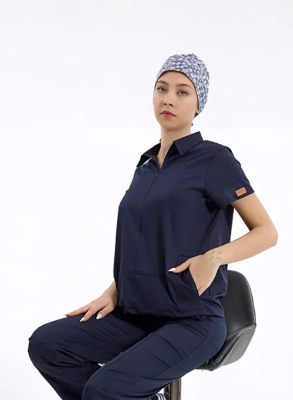 BRL MEDİNİLLA | Tek Üst Yandan Cepli Gizli Fermuar Polo Yaka DoktorHemşire Cerrahi Forma Lacivert - 4