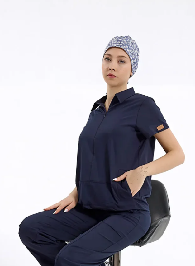 BRL MEDİNİLLA | Tek Üst Yandan Cepli Gizli Fermuar Polo Yaka DoktorHemşire Cerrahi Forma Lacivert - 4