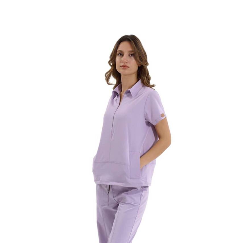 BRL MEDİNİLLA | Tek Üst Yandan Cepli Gizli Fermuar Polo Yaka DoktorHemşire Cerrahi Forma Lila - 3