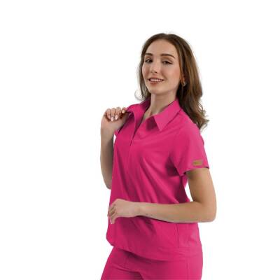 BRL MEDİNİLLA | Tek Üst Yandan Cepli Gizli Fermuar Polo Yaka DoktorHemşire Cerrahi Forma Nar Çiçeği - 2