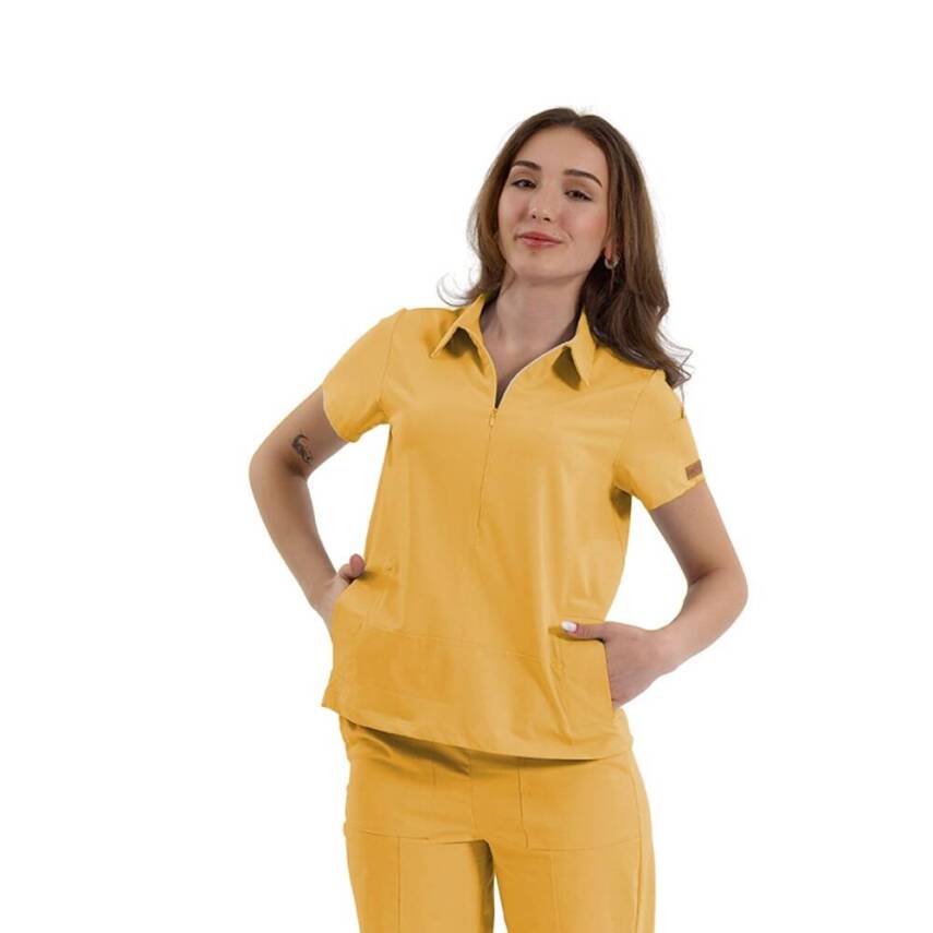 BRL MEDİNİLLA | Tek Üst Yandan Cepli Gizli Fermuar Polo Yaka DoktorHemşire Cerrahi Forma Sarı - 3