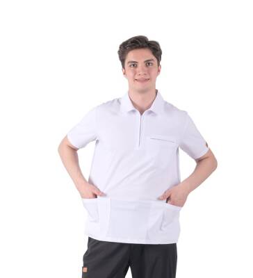 BRL MEDİZİP | TEK ÜST Likralı Unisex Doktor ve Hemşire Cerrahi Forması Beyaz - 2