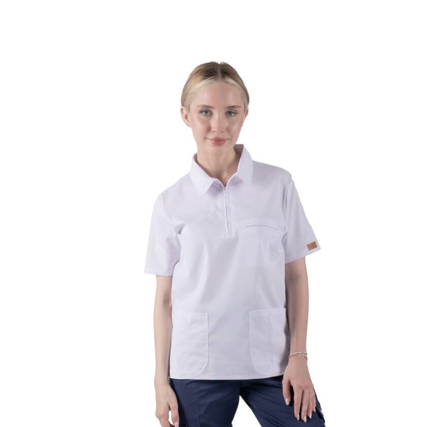  BRL MEDİZİP | TEK ÜST Likralı Unisex Doktor ve Hemşire Cerrahi Forması Beyaz - 1