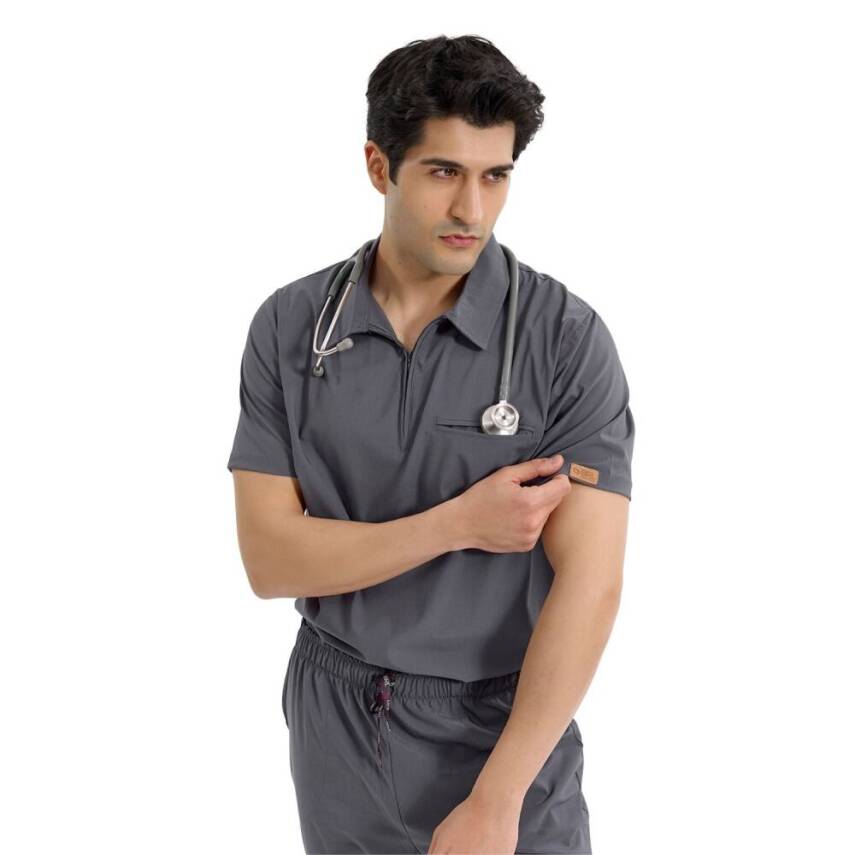  BRL MEDİZİP | TEK ÜST Likralı Unisex Doktor ve Hemşire Cerrahi Forması Füme - 1