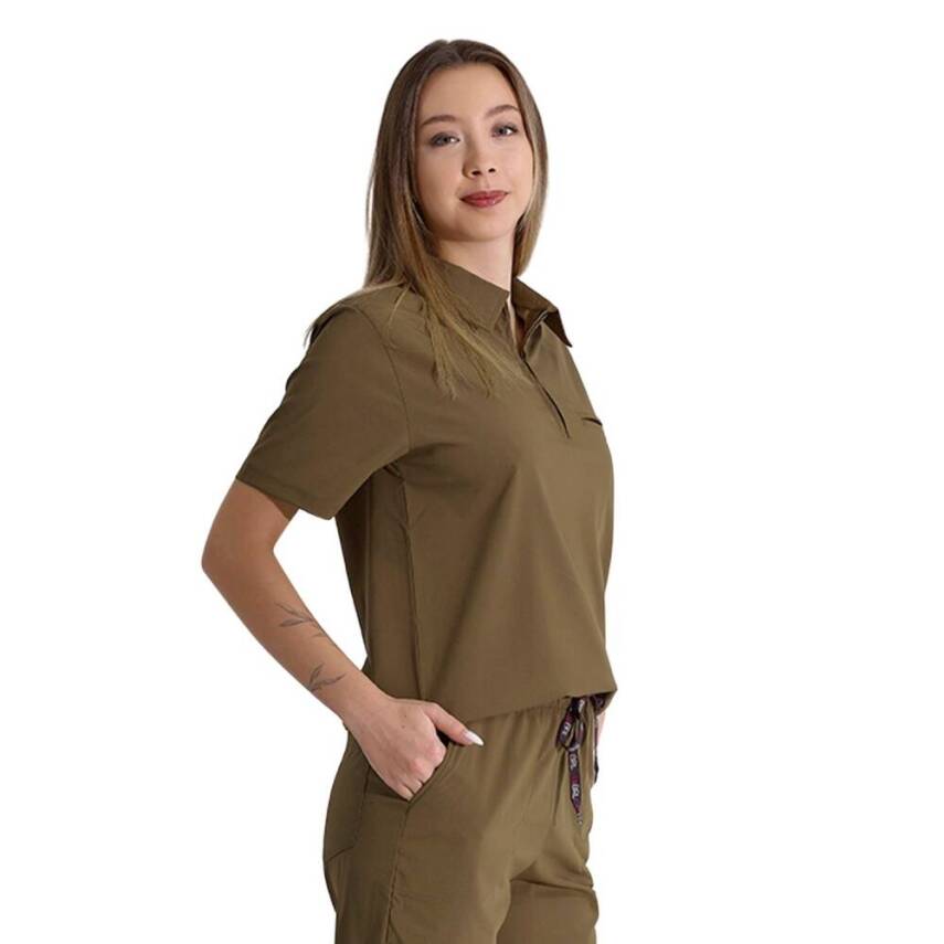  BRL MEDİZİP | TEK ÜST Likralı Unisex Doktor ve Hemşire Cerrahi Forması Haki - 1