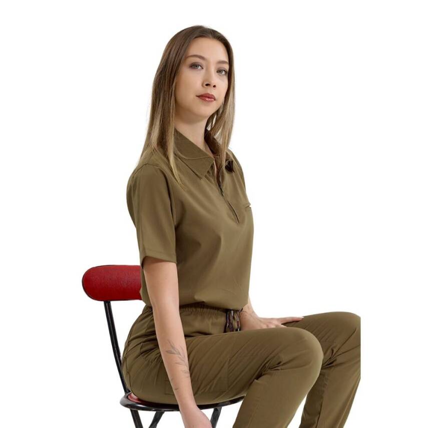  BRL MEDİZİP | TEK ÜST Likralı Unisex Doktor ve Hemşire Cerrahi Forması Haki - 2