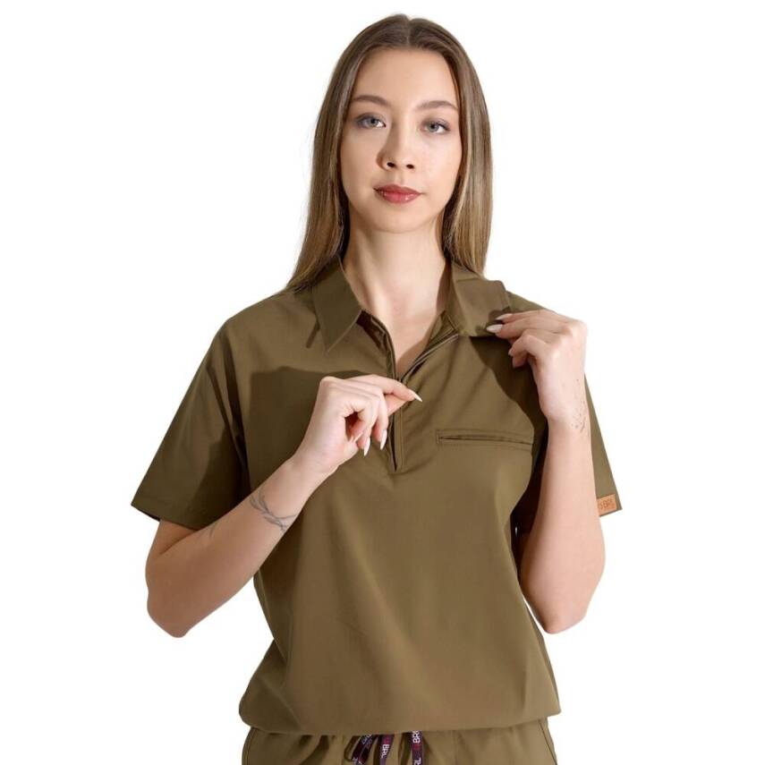  BRL MEDİZİP | TEK ÜST Likralı Unisex Doktor ve Hemşire Cerrahi Forması Haki - 3