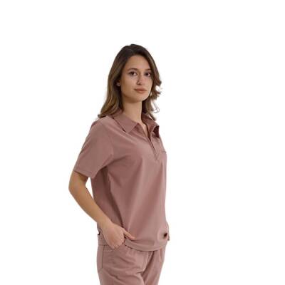  BRL MEDİZİP | TEK ÜST Likralı Unisex Doktor ve Hemşire Cerrahi Forması Koyu Pudra - 1