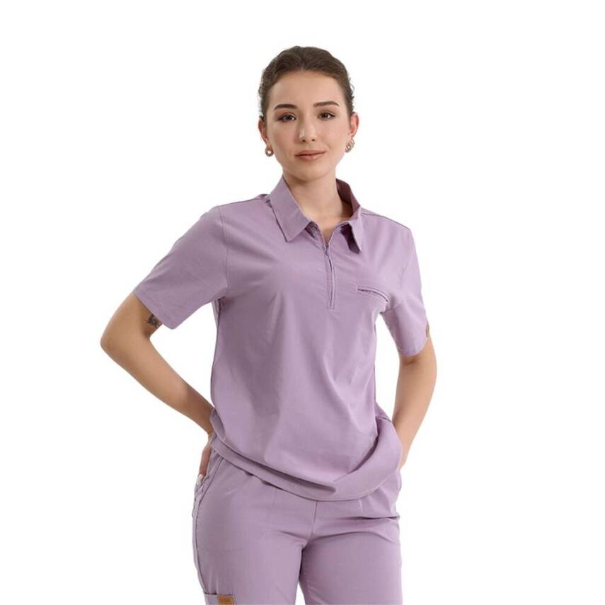  BRL MEDİZİP | TEK ÜST Likralı Unisex Doktor ve Hemşire Cerrahi Forması Lila - 3