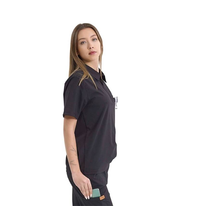  BRL MEDİZİP | TEK ÜST Likralı Unisex Doktor ve Hemşire Cerrahi Forması Siyah - 2