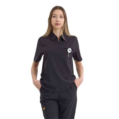  BRL MEDİZİP | TEK ÜST Likralı Unisex Doktor ve Hemşire Cerrahi Forması Siyah - 1