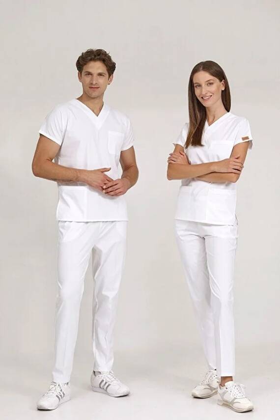 BRL SCRUBLE | Likralı Doktor Ve Hemşire Forması Unisex Cerrahi Takım Beyaz - 4