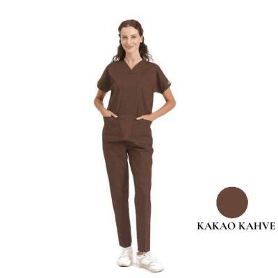 BRL SCRUBLE | Likralı Doktor Ve Hemşire Forması Unisex Cerrahi Takım Kakao Kahve 