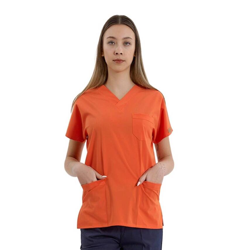 BRL SCRUBLE | TEK ÜST Likralı Unisex Cerrahi Forma Turuncu - 3
