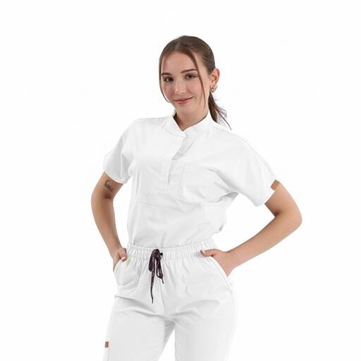 BRL SNAPS | TEK ÜST Çıt Çıtlı Likralı Hakim Yaka Doktor ve Hemşire Cerrahi Forması Beyaz - 2