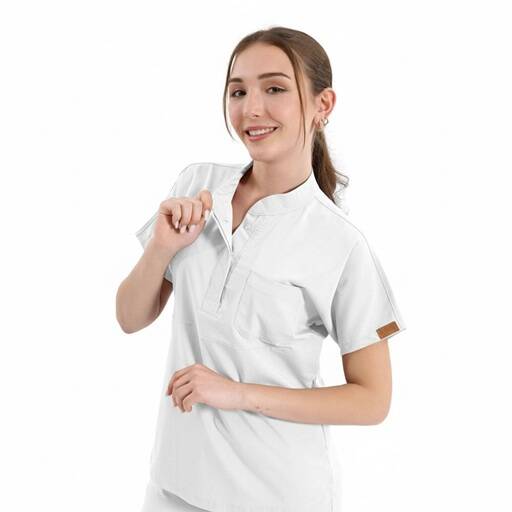 BRL SNAPS | TEK ÜST Çıt Çıtlı Likralı Hakim Yaka Doktor ve Hemşire Cerrahi Forması Beyaz - 1