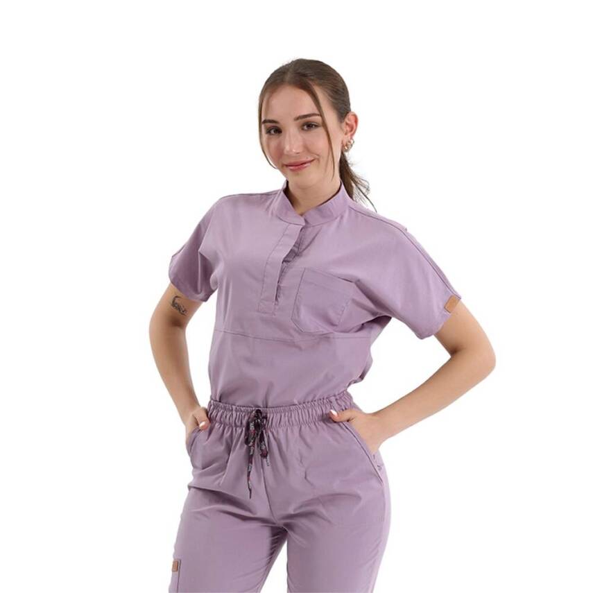 BRL SNAPS | TEK ÜST Çıt Çıtlı Likralı Hakim Yaka Doktor ve Hemşire Cerrahi Forması Lila - 2