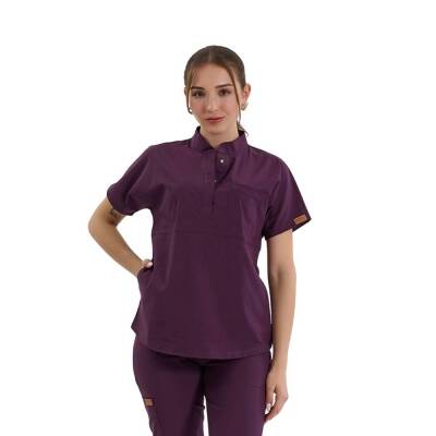 BRL SNAPS | TEK ÜST Çıt Çıtlı Likralı Hakim Yaka Doktor ve Hemşire Cerrahi Forması Mürdüm - 2