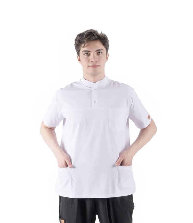 BRL SNAPSM | TEK ÜST Çıt Çıtlı Likralı Erkek Doktor ve Hemşire Cerrahi Forması Beyaz - 1