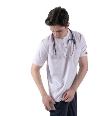 BRL SNAPSM | TEK ÜST Çıt Çıtlı Likralı Erkek Doktor ve Hemşire Cerrahi Forması Beyaz - 4