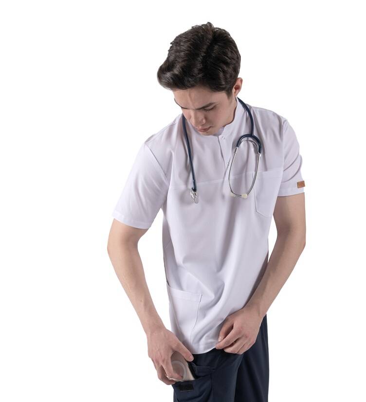 BRL SNAPSM | TEK ÜST Çıt Çıtlı Likralı Erkek Doktor ve Hemşire Cerrahi Forması Beyaz - 4