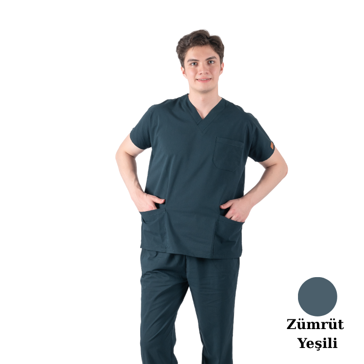 Çamaşır Suyuna Dirençli Likralı Doktor Ve Hemşire Forması Unisex Cerrahi Takım Zümrüt Yeşili BRL SCRUB INDANTHREN - 3