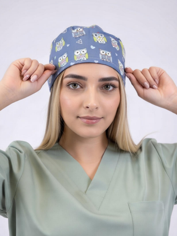 Unisex Medikal Cerrahi Bone Doktor Hemşire Hastane Bonesi - Baykuş Desenli - 1